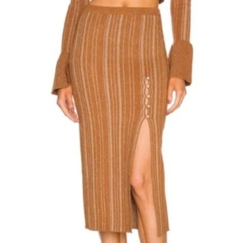 LPA Revolve Bronze Vance Faux Pearl Split Hem Midi Knit Skirt Size S